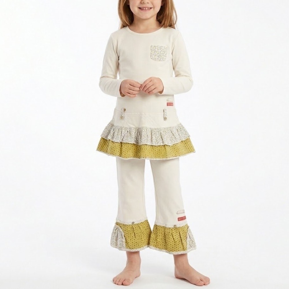 NAARTJIE‎ Kids Tunic Dress Leggings Set Size 6 Cream Green Ruffle Boho Artsy Fun